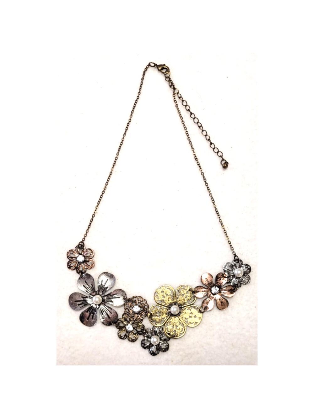 Flower Statement Choker Necklace Mixed Metal Silver Copper Gold Tone Lightweight